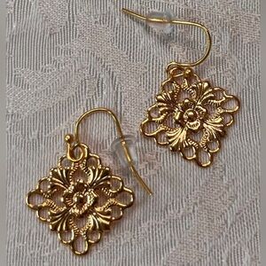Gold Plated Earrings in floral filigree design Handmade by Me New
